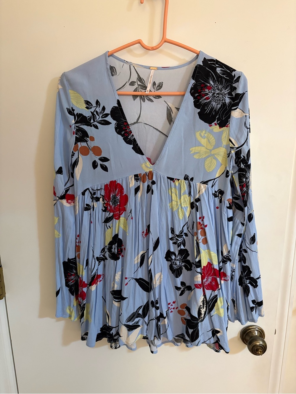 Free People Powder Blue Floral Deep V-Neck Blouse
